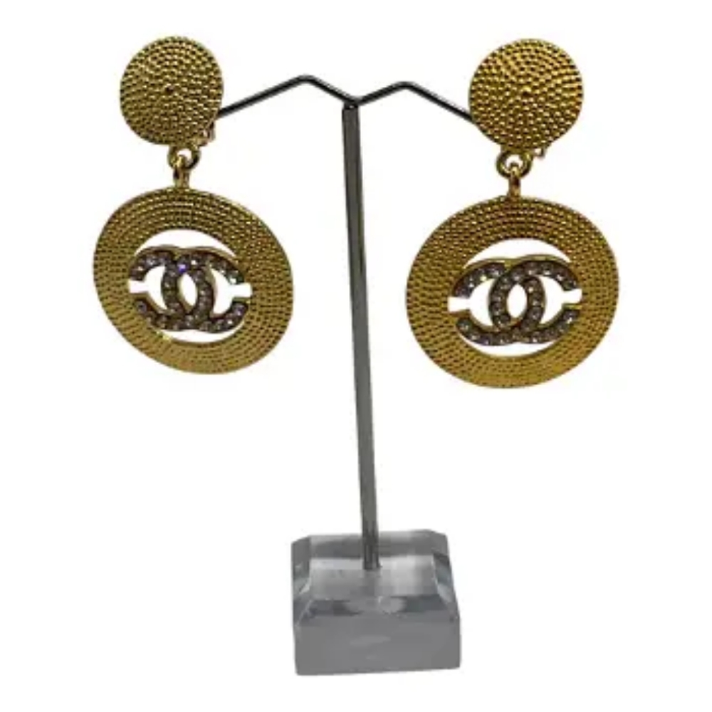 Vintage Chanel Gold tone rhinestone Logo Clip on Earrings